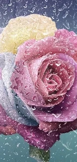 Colorful rose with dewdrops on gradient background.