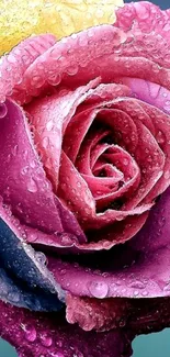 Dew-covered multicolored rose wallpaper.