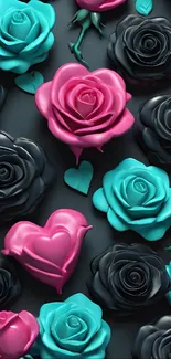 Vibrant roses in pink, black, and teal on dark background.