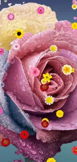 Colorful rose with dew drops and small flowers.