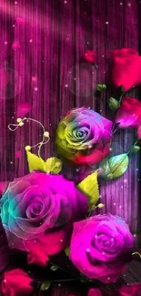 Vibrant neon roses on a wooden background.