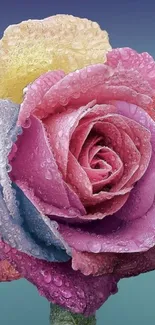 Colorful rose with dewdrops on petals against a gradient background.