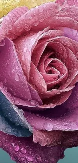 Colorful rose with water droplets on petals.