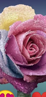 Colorful rose with dewdrops and heart emojis.