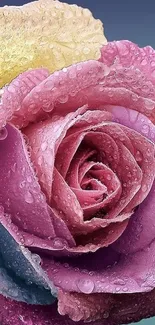 Colorful rose with water droplets enhancing its beauty.