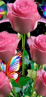 Vibrant pink roses and colorful butterflies with a cosmic background.