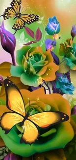 Vibrant wallpaper of colorful roses and butterflies.