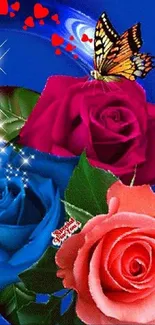 Colorful roses with a butterfly on a bright blue background mobile wallpaper.