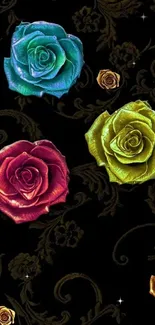 Vibrant colorful roses on black wallpaper.