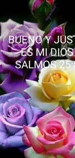 Colorful roses with spiritual verse in mobile wallpaper.