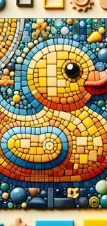 Colorful mosaic of rubber duck with toys on a blue background.