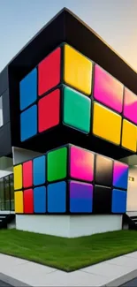 Vibrant house designed like a Rubik's cube with colorful panels.