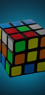 Colorful Rubik's Cube on a blue background.