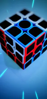 Vibrantly colored Rubik's Cube on blue background.