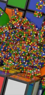 Vibrant explosion of colorful Rubik's cubes in an abstract design.