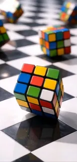 Colorful Rubik's cubes on a chessboard background.