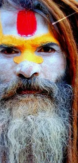 Sadhu portrait with colorful face paint and dreadlocks.