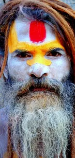 Colorful portrait of sage with face paint and dreadlocks.