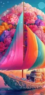 Vibrant sailboat with colorful sails under a floral sky.