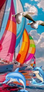 Colorful sailboats with dolphins and birds under a blue sky.