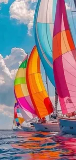 Vibrant sailing boats with colorful sails under blue skies.