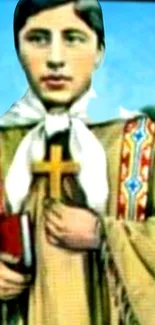 Illustration of a saint holding a cross with vibrant attire.