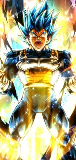 Saiyan character with glowing aura in a colorful dynamic scene.