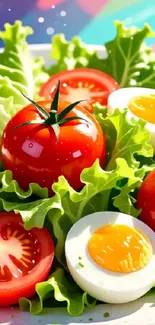 Artistic salad wallpaper with tomatoes, greens, and eggs.