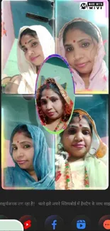 Collage of vibrant saree portraits in various colors on a mobile screen background.