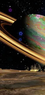 Colorful Saturn with rings against a starry sky.