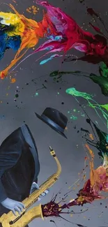 Artistic saxophone player in colorful paint splash.