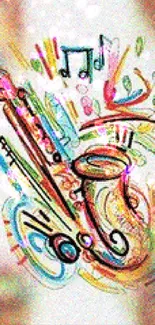 Colorful saxophone with vibrant music notes and artistic design.