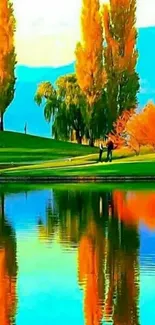 Vibrant autumn trees reflected in a serene lake.