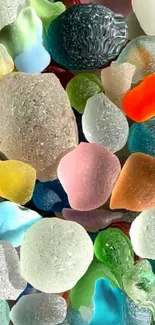 A colorful assortment of sea glass pieces as a vibrant mobile wallpaper background.