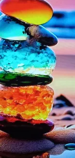 Colorful stacked sea glass on a serene beach.