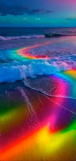 Vibrant rainbow hues on ocean waves during sunset.