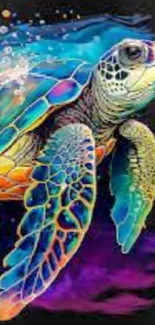 Colorful sea turtle artwork with vibrant colors on a dark background.