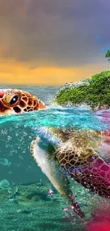 Colorful sea turtle swimming near vibrant rainbow island.