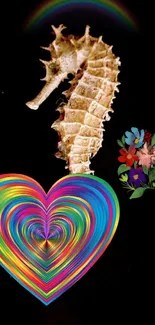 Vibrant seahorse with rainbow heart and flowers on black background.