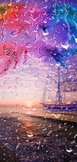 Colorful seascape wallpaper with vivid sunset and abstract ship design.