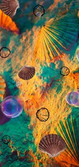 Colorful seashells and bubbles mobile wallpaper with orange hues.