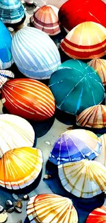 Vibrant mobile wallpaper with colorful seashells on a sandy background.