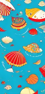 Colorful seashell-themed wallpaper on blue background.