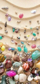 Colorful seashells scattered on sandy beach wallpaper.