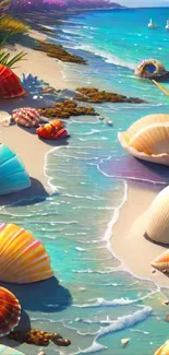 Colorful seashells and beach scenery for mobile wallpaper.