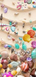 Colorful seashells on a sandy beach wallpaper.