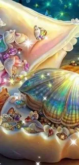 Colorful seashells in a fantasy art scene with a whimsical ocean theme.