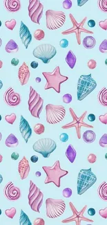 Colorful seashell and starfish pattern on light blue background.