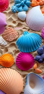 Colorful seashells scattered on sandy background wallpaper.