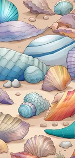 Colorful seashells on sandy beach wallpaper.